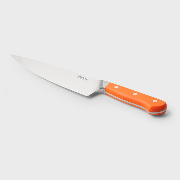 8 inch Tumbler Signature Chef's Knife with orange handle and stainless blade