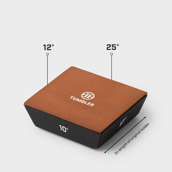 Boxed Tumbler Knife Holder Pro packaging with wood grain lid and diagram showing 12° and 25° angles.