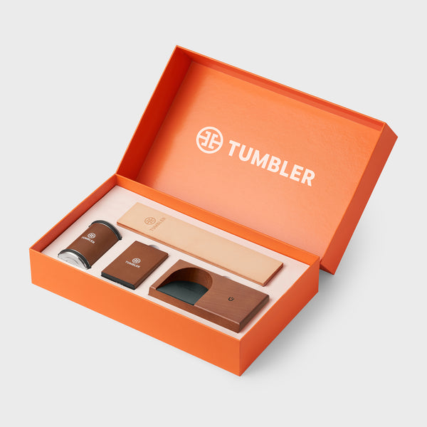 Open orange Tumbler Starter Set box with logo on the lid.