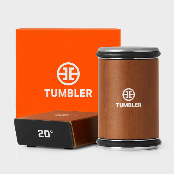 Test-Tumbler Original Diamond Rolling Knife Sharpener Set box beside a wooden tumbler