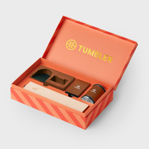 Open orange gift box with Tumbler branding for the Holiday Gift Set.