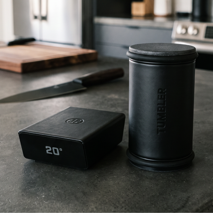 Tumbler Pro genuine black leather on a kitchen counter