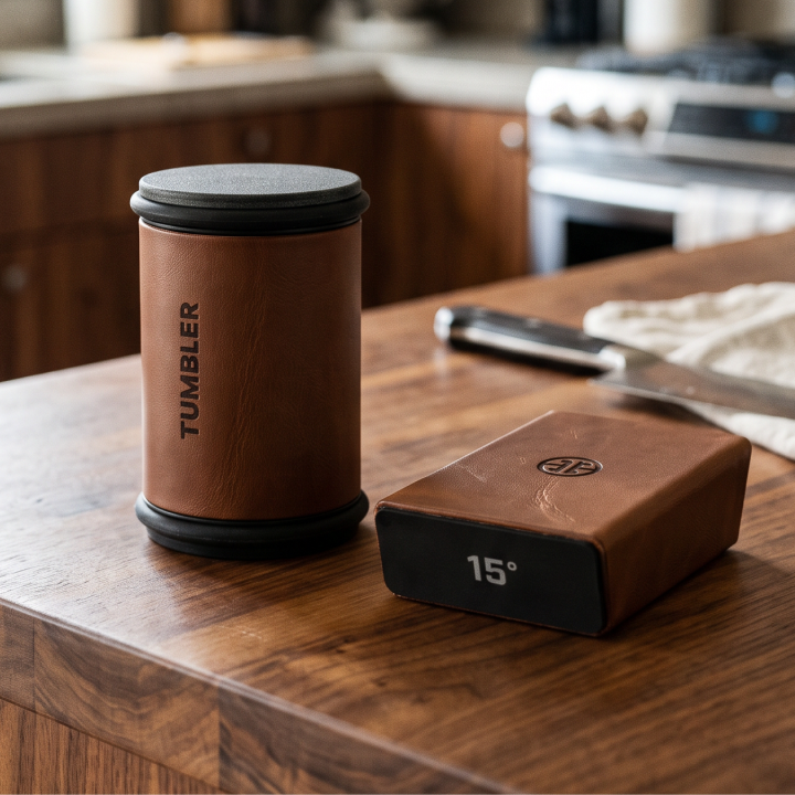 Tumbler Pro distressed brown vegan leather on a kitchen counter